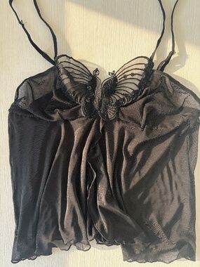 Y2K Sheer Black Butterfly Cami Top Size M